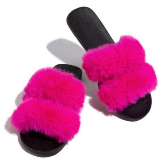 Faux Fur Double Band Slides in Pink - Picture 2 of 5